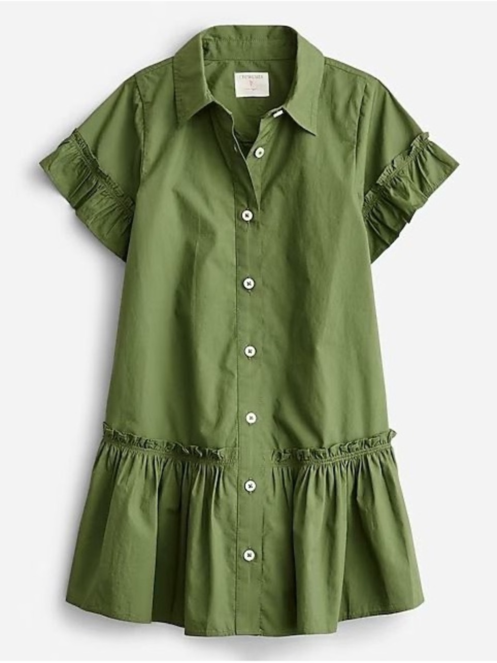 Crewcuts Girls' Olive Green Button-Front Ruffle Dress Size 10 100% Cotton